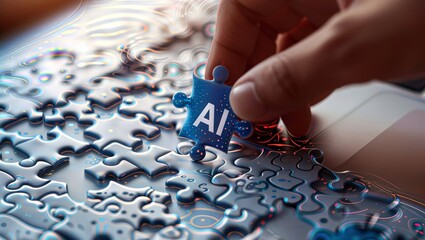 AI Integration. A hand places an AI puzzle piece into a larger puzzle, symbolizing the incorporation of AI into various systems.