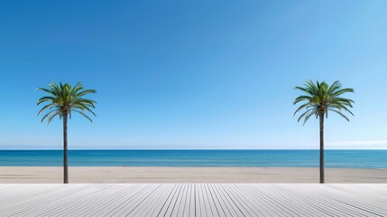 Wall Mural - serene beachfront oasis: tranquil ocean vista framed by palm trees on a sunny day invites you to rel