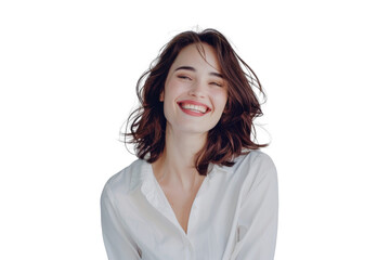 Wall Mural - Smiling young woman with brown eyes crossing arms Isolated on white background