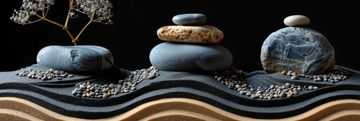 Zen garden with balanced stones and a dried plant on a black background, symbolizing peace, tranquility, and natural balance.