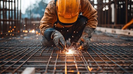 Sparks of Progress: Skilled Welder Shaping Steel at Construction Site 