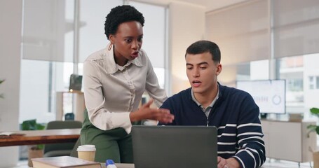 Poster - Business, people and discussion with laptop in office for project research, website question and teamwork support. Talking, man and woman with digital for online information, schedule and questions