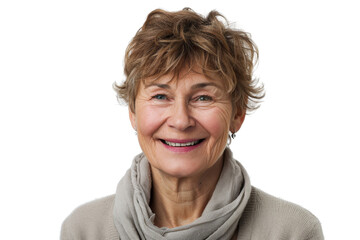 Wall Mural - Smiling older woman with short hair, isolated on white background