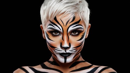 Sticker - A woman with a tiger face paint and white hair, AI