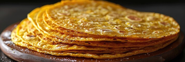 Close-up of a delicious stack of golden-brown crepes on a rustic wooden board, capturing the texture and detail of the thin pancakes.