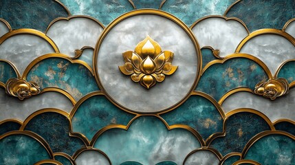 Sticker - Decorative wall showcases a golden lotus emblem surrounded by teal and gray scalloped patterns