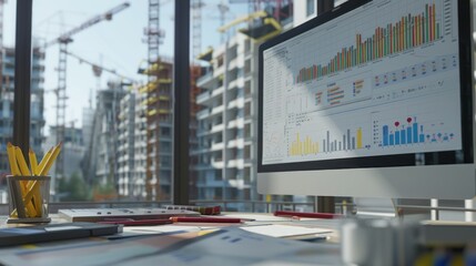 Wall Mural - Generate a photo realistic image of a construction project displaying a cost estimation dashboard with detailed financial planning tools and budget allocations; ensure the image is of high resolution 