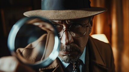 Poster - A man wearing a hat and glasses examines something through a magnifying glass.