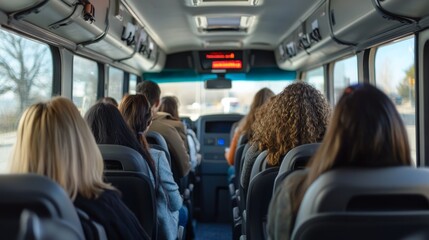 Employee Transportation, Buses: An interior view of a company bus with employees seated and engaging