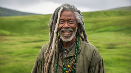 Sticker - A man with dreads smiling in a field of grass, AI