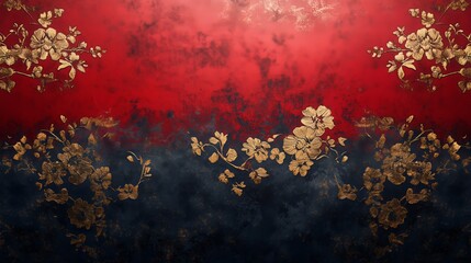 Wall Mural - A beautiful floral pattern features gold details on red and dark blue, enhancing an elegant and sophisticated atmosphere