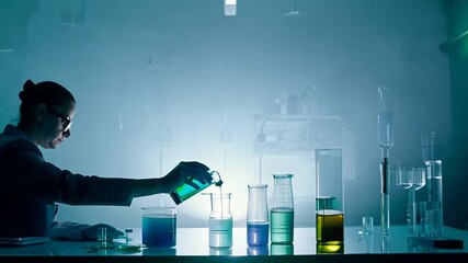 Poster - Scientist Pouring Liquid Into Beakers in Modern Laboratory Setting Generative AI