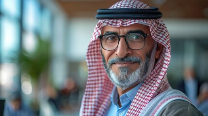 Arabic Middle Aged Sheik in Office with Business Partners - Professional Portrait