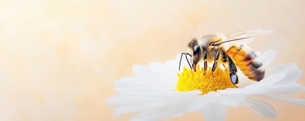 Close-up of a honeybee collecting pollen from a daisy flower.