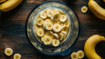 Wall Mural - bananas on a dark, rustic wooden table and chopped banana pieces in a blender, for making fresh banana smoothies, healthy eating idea, upper view, copyspace