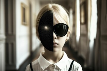 A young girl with blonde hair wears sunglasses, her face partially obscured by a cosmic image.