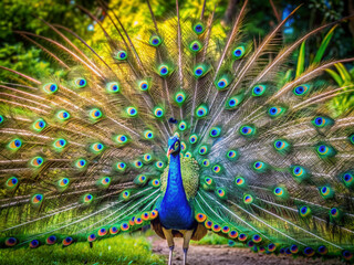 Vibrant male peacock spreads stunning iridescent feathers in a lush green garden, showcasing vibrant blues, emerald greens, and gold hues in majestic natural surroundings.