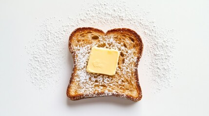 Poster - Top view of honey toast with a scoop of butter and a dusting of powdered sugar, set against a white background.