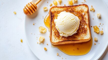 Poster - Top view of honey toast with a scoop of vanilla ice cream and a drizzle of honey on a white background.