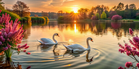 Tranquil lake scene at sunset features two swans gliding effortlessly across the water surrounded by vibrant pink flowers, evoking a sense of romance and serenity.