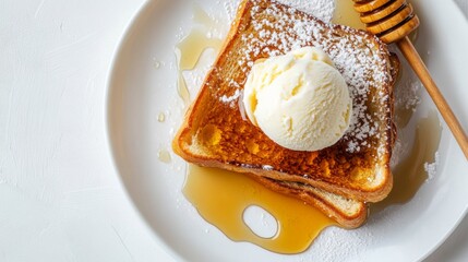 Poster - Top view of honey toast with a scoop of vanilla ice cream and a drizzle of honey on a white background.