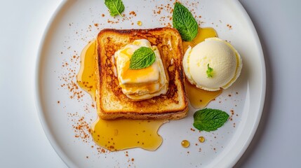 Poster - Top view of honey toast with a side of vanilla ice cream and fresh mint leaves, set against a white background.