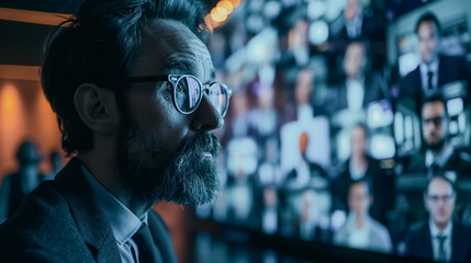 Poster - A man with glasses is looking at a computer screen with many faces on it. Concept of concentration and interest in the content on the screen