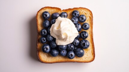 Poster - Top view of honey toast with blueberries and a dollop of whipped cream, set against a white background.
