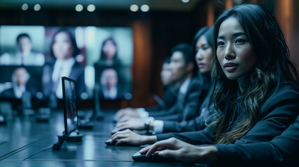 Poster - A woman is sitting at a table with other people and looking at a computer screen. Concept of professionalism and focus, as the woman and others are likely working on a project or attending a meeting