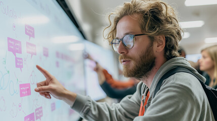 Poster - A man pointing at a large screen with a diagram on it. He is wearing glasses and has a beard