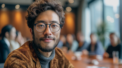 Poster - A man with glasses is smiling at the camera. He is wearing a brown jacket and a sweater. There are several other people in the background, but the main focus is on the man in the foreground