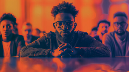 Wall Mural - A man with glasses and a beard is sitting at a table with other people. The man is looking down and he is in a contemplative mood