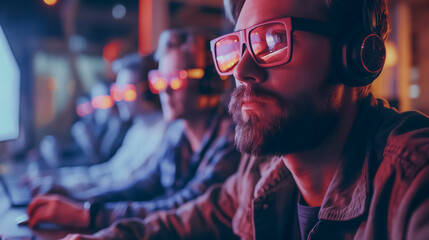 Poster - a man wearing glasses and headphones is playing a video game. he is the only one in the room
