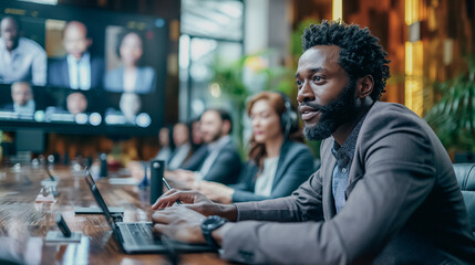 Poster - A man in a suit is typing on a laptop in front of a large screen. He is the only person in the room