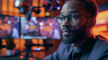 Poster - A man wearing glasses is sitting in front of a computer monitor. He is wearing a suit and tie