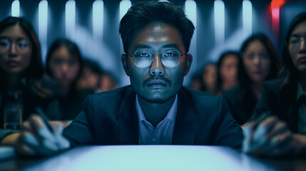 Poster - A man in a suit and glasses is writing on a white board. Concept of professionalism and focus, as the man is likely preparing for a meeting or presentation