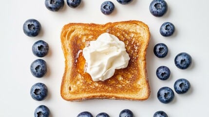 Poster - Top view of honey toast with blueberries and a dollop of whipped cream, set against a white background.