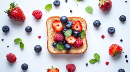 Poster - Top view of honey toast with mixed berries and mint leaves, against a white background.