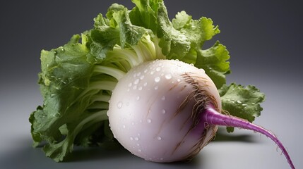 Canvas Print - Close up of a fresh turnip, macro photography, delicious textures, front view from above, studio lighting, white background.