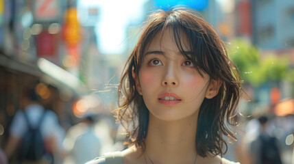 Young woman gazing upwards, busy city street, natural light, urban life concept