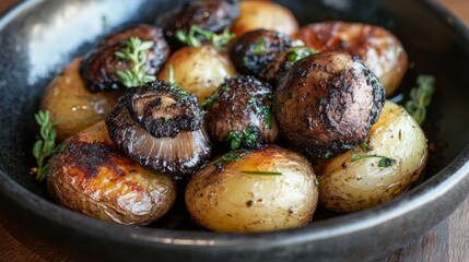 Canvas Print - Truffle mushrooms on a dish of roasted potatoes and herbs, with a rustic presentation.