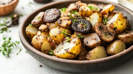 Wall Mural - Truffle mushrooms on a dish of roasted potatoes and herbs, with a rustic presentation on a white background.