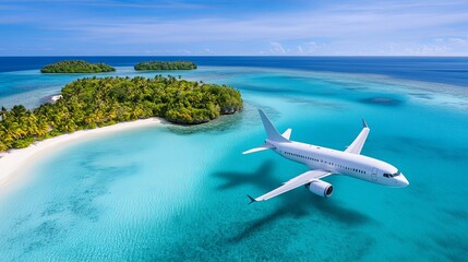 Wall Mural - aerial view of an airplane flying over a tropical island, clear blue waters, ample copy space, more 