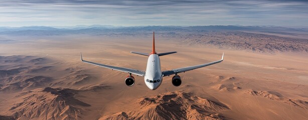 Wall Mural - aerial view of an airplane crossing over a desert landscape, ample copy space, more clarity with cle