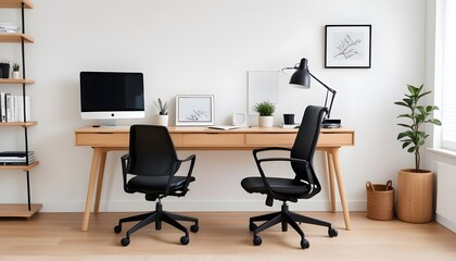 A modern home office includes a wooden desk and office chair positioned against a white wall This Scandinavian interior design of the modern living room provides a comfortable workplace