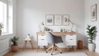 © LetsRock - A modern home office includes a wooden desk and office chair positioned against a white wall This Scandinavian interior design of the modern living room provides a comfortable workplace