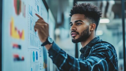 Poster - Young professional confidently leading a team meeting, pointing at charts and graphs on a whiteboard.