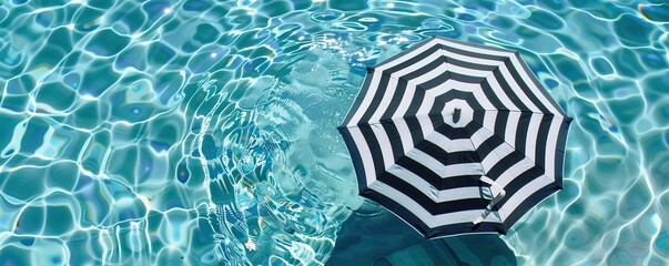 Wall Mural - Striped umbrella floating on water with cool reflections. Free copy space for text.