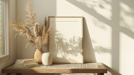 Poster - Boho Minimalist Living Room With Natural Light and Wooden Elements Featuring Dried Flowers and Pampas Grass