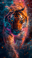 a colorful, imaginative 3d tiger emerging from a digital forest, top view, representing the fusion o